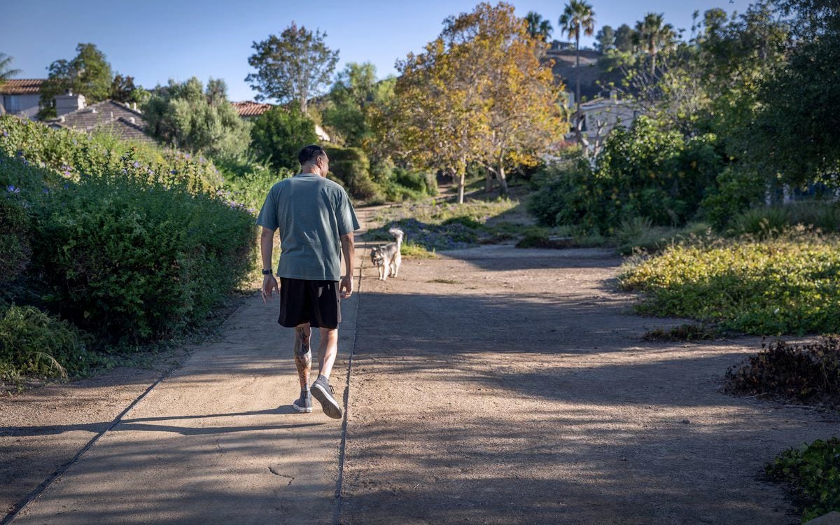 Jarrod Roberts walking alone down a sunlit garden path at first light, seen from behind.